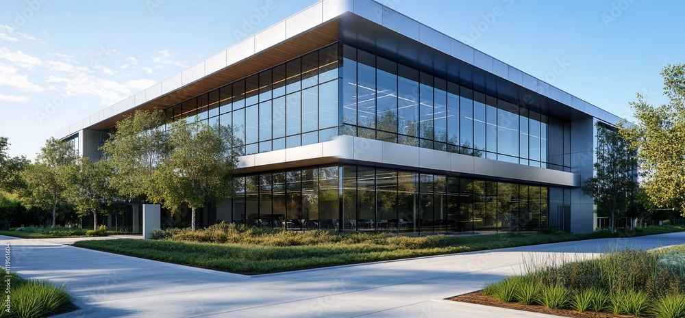 Modern glass office building with landscaped grounds. Modern glass office building with landscaped grounds.