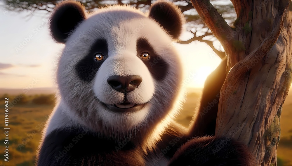 Fototapeta premium portrait of a panda bear with an acacia tree in the background of the Serengeti with soft light. Created with generative AI.