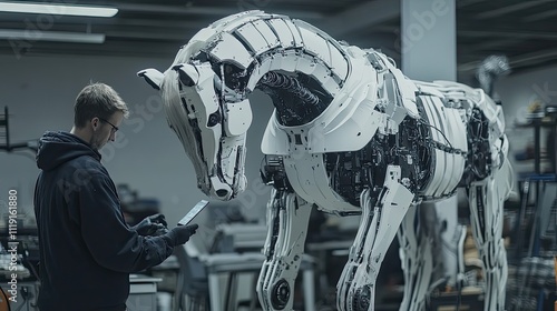 Technician Examining a Large Robotic Horse photo