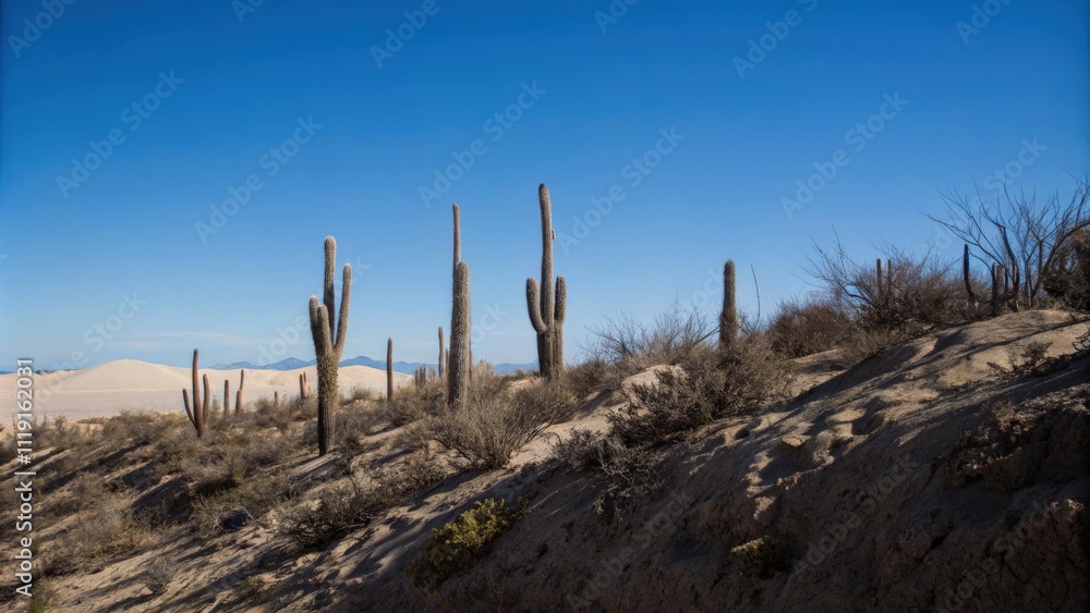 Desert Landscape with Cacti under a Clear Blue Sky Desert Landscape with Cacti under a Clear Blue Sky