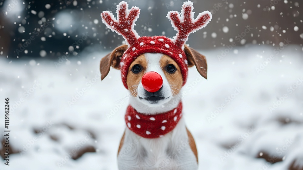 Fototapeta premium Jack Russell retriever wearing a reindeer antler headband and red clown nose isolated