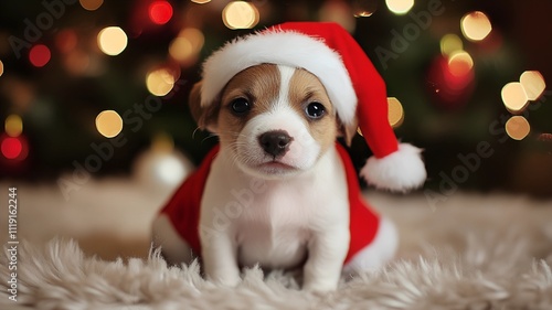 Jack russell terrier puppy dressed like Santa Claus photo