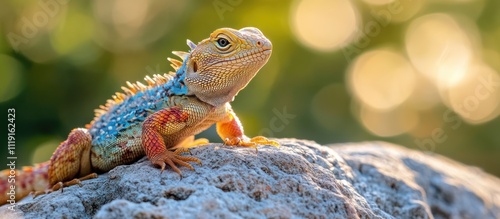 Colorful lizard perched on a rock with a blurred background of green foliage and bokeh lights. photo