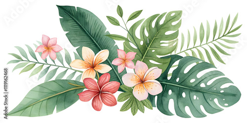 spring floral green leaves and flowers watercolor sketch illustration