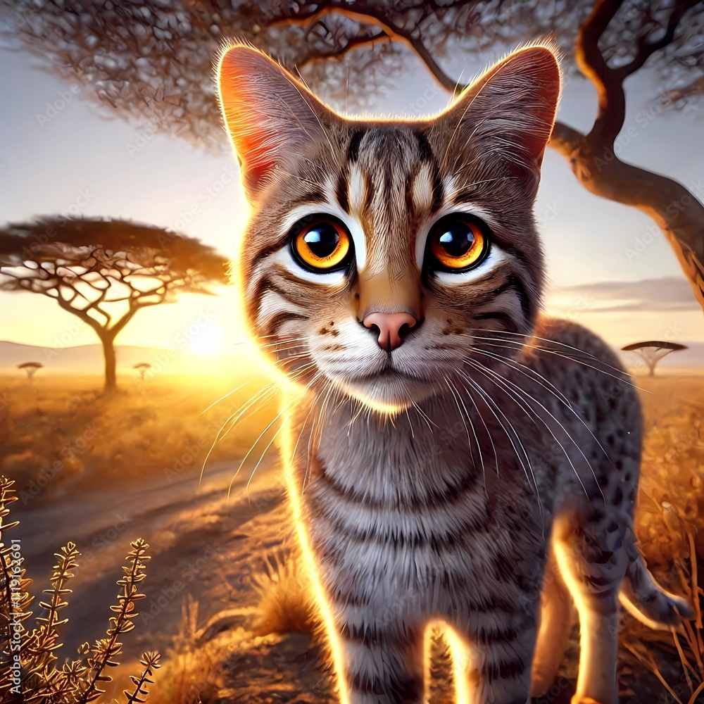 Obraz premium portrait of a cat with an acacia tree in the background of the Serengeti with soft light. Created with generative AI.
