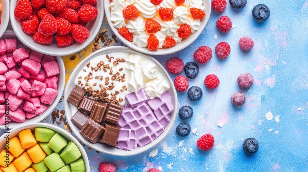 Colorful Arrangement of Fresh Fruits, Creamy Toppings, and Delicious Chocolates with a Bright Blue Background for Summer Desserts Colorful Arrangement of Fresh Fruits, Creamy Toppings, and Delicious Chocolates with a Bright Blue Background for Summer Desserts