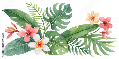 spring floral green leaves and flowers watercolor sketch illustration