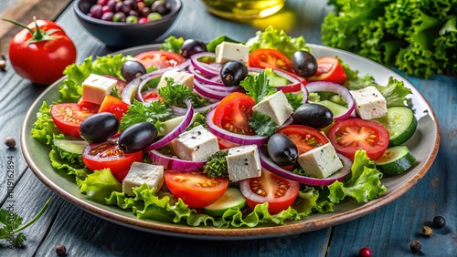 A vibrant salad with fresh tomatoes, cucumbers, red onions, feta cheese, olives, and leafy greens, presented on a rustic wooden table.