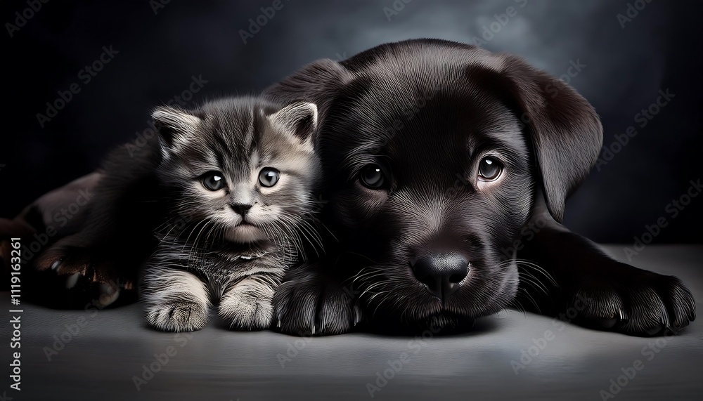 black Labrador Retriever puppy and a tabby kitten lie together against a black backdrop. black Labrador Retriever puppy and a tabby kitten lie together against a black backdrop.