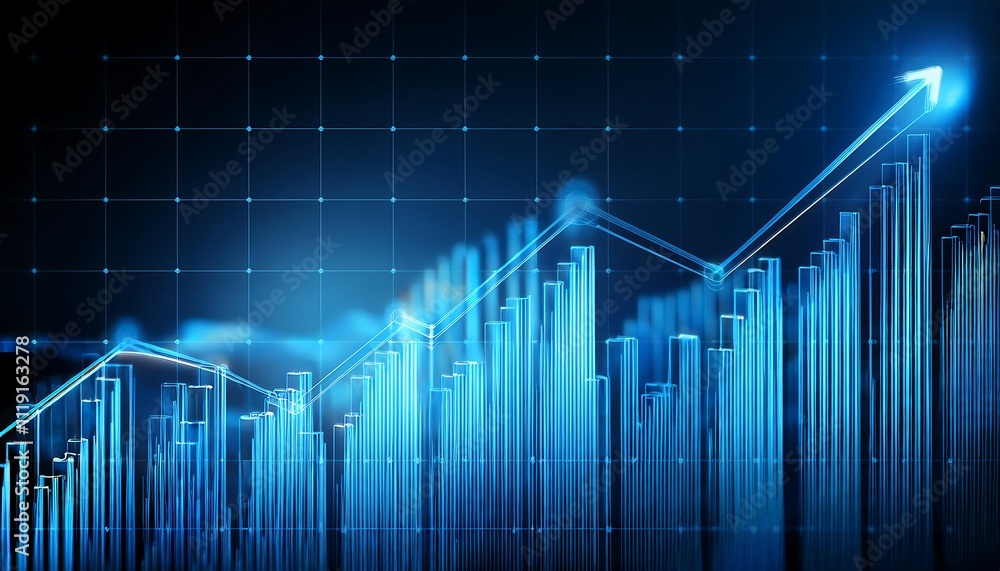 Ascending blue bar graph represents financial growth and market trends. Ascending blue bar graph represents financial growth and market trends.