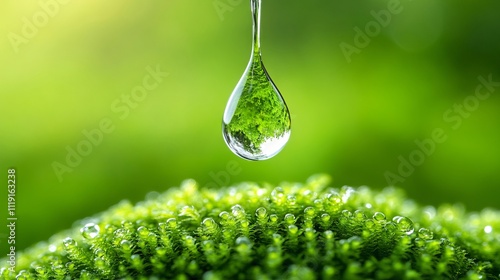 A drop of water on top of a green moss covered leaf photo