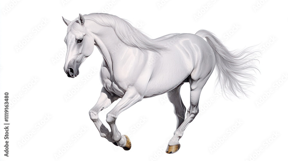 A majestic white horse in motion against a plain background. A majestic white horse in motion against a plain background.