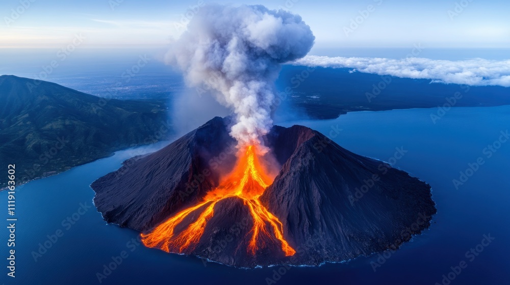 Fototapeta premium Aerial view of an erupting volcano with lava flow and smoke.