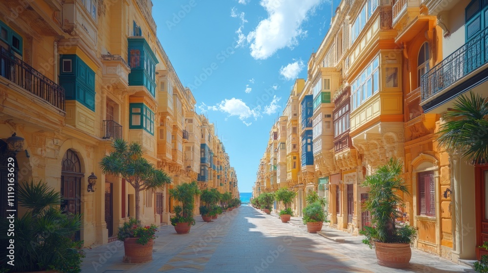 Obraz premium Vibrant street with traditional Maltese architecture and balconies