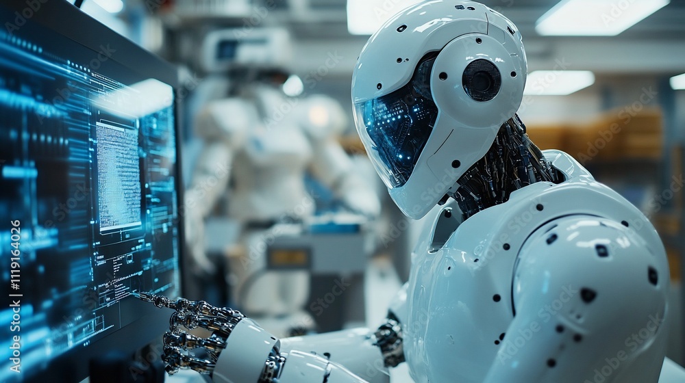 Advanced robot using computer in futuristic factory. Advanced robot using computer in futuristic factory.