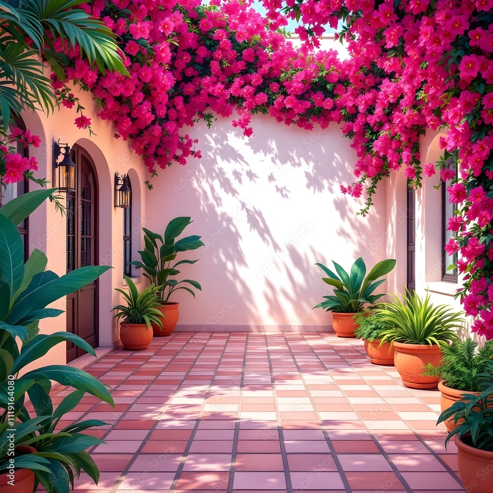 Naklejka premium Mediterranean-style patio with pink bougainvillea and potted plants