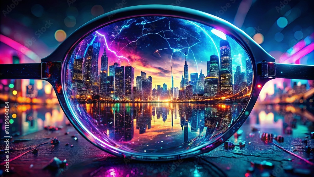 A city skyline reflected in a lens, illuminated by a vibrant and electrifying display of light and energy. The cityscape is framed by the lens, creating a mesmerizing visual illusion. A city skyline reflected in a lens, illuminated by a vibrant and electrifying display of light and energy. The cityscape is framed by the lens, creating a mesmerizing visual illusion.