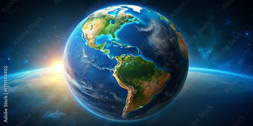 Obraz premium A celestial view of the Earth, illuminated by the glow of a distant sun, showcasing the continents of North and South America, with a backdrop of a star-strewn expanse.
