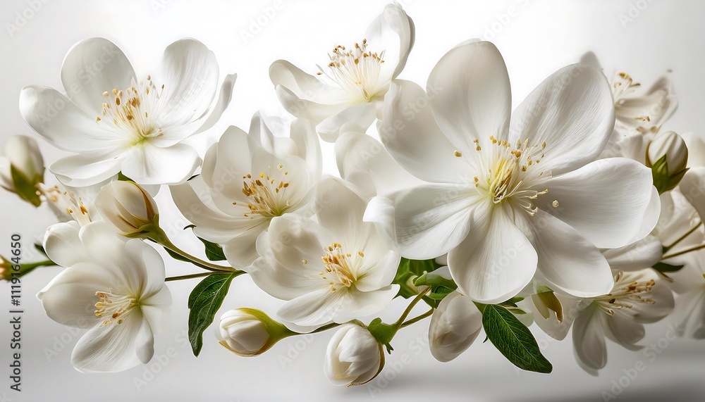 Obraz premium cluster of white flowers with green leaves on a gradient background, highlighting their beauty.