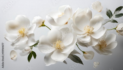 cluster of white flowers with green leaves on a gradient background, highlighting their beauty.