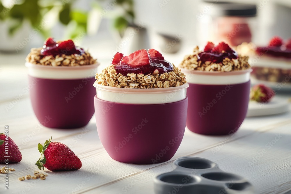Yogurt parfait in purple bowls with granola and strawberries. Perfect for healthy breakfast or snack photos. Yogurt parfait in purple bowls with granola and strawberries. Perfect for healthy breakfast or snack photos.