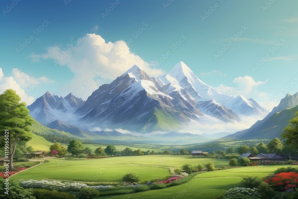 a green garden with a mountain background