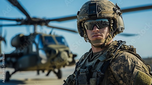 Soldier in camouflage uniform and helmet, helicopter background.