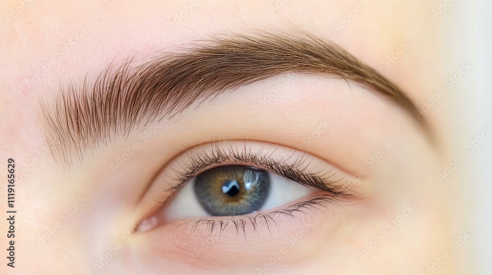 Obraz premium Close-Up Shot of Beautiful Eye with Natural Eyelashes and Well-Groomed Eyebrow, Highlighting the Details of Iris and Skin Texture, Perfect for Beauty and Aesthetic Projects