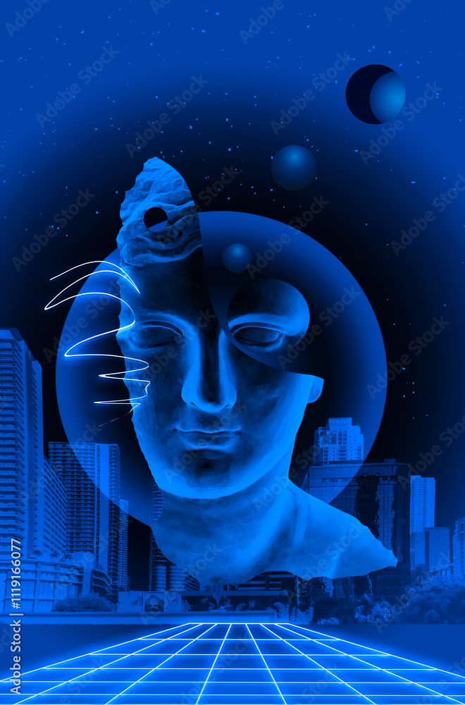 Contemporary art collage with antique statue head in a surreal style.