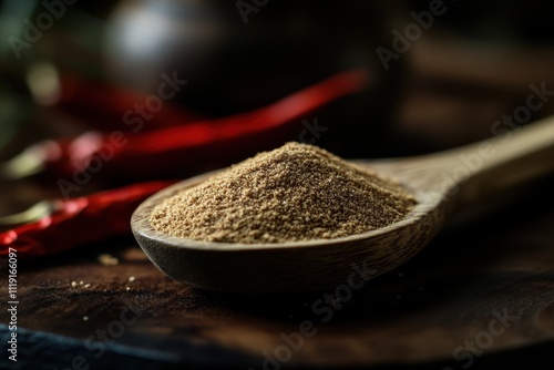 Close-up of ground chili powder in wooden spoon, red chilies blurred in background. Perfect for spice, food, or cooking related projects. photo