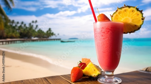Refreshing frozen blended fruit drink tropical beach setting beverage photography scenic ocean view vibrant tropical concept for ultimate relaxation