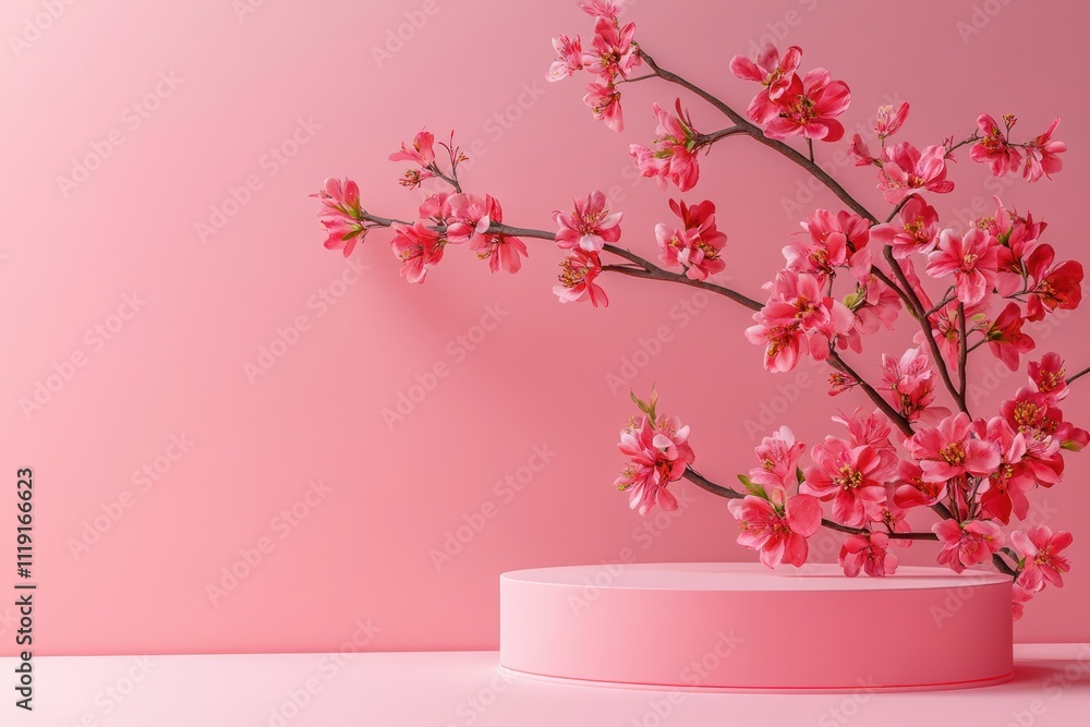 Romantic minimalist composition featuring a pink podium with decorative flowers Romantic minimalist composition featuring a pink podium with decorative flowers