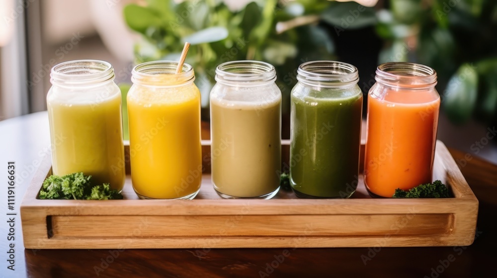 Savoring fresh pressed juice flight in a rustic wooden setting with soft natural light Savoring fresh pressed juice flight in a rustic wooden setting with soft natural light