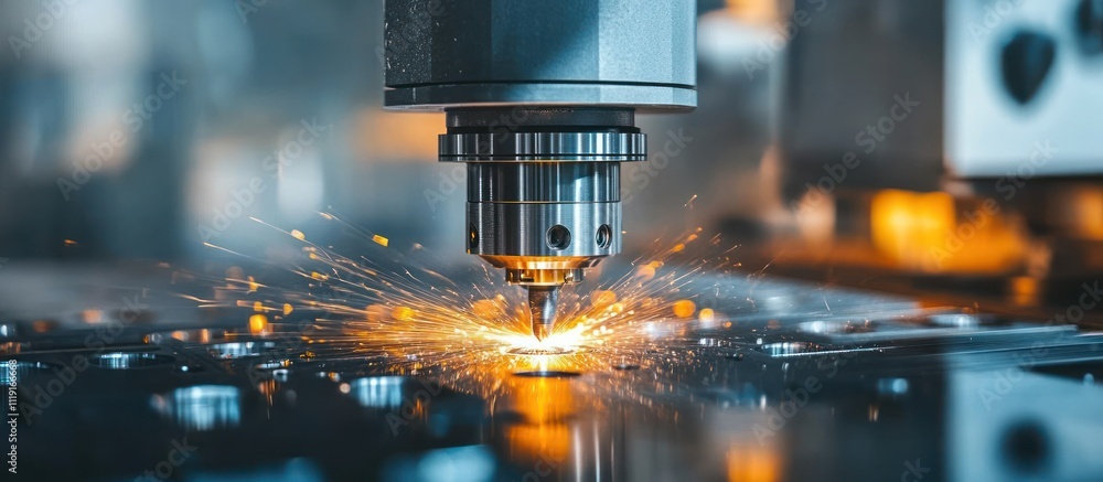Close-up of a CNC machine drilling a metal plate with sparks flying. Close-up of a CNC machine drilling a metal plate with sparks flying.