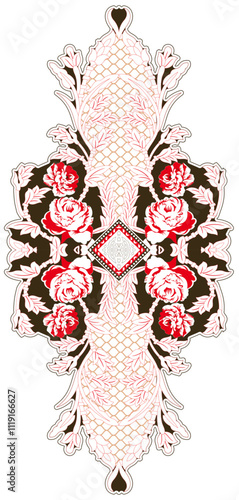 a red and white floral design on a white background