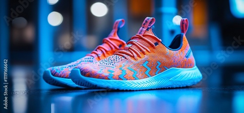 Stylish neon orange and blue athletic shoes with zig-zag pattern. photo