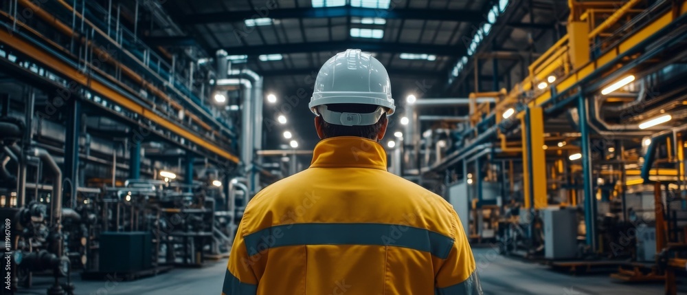 Serious industrial worker in hard hat and high visibility jacket contemplates in manufacturing facility with large pipes and machinery Serious industrial worker in hard hat and high visibility jacket contemplates in manufacturing facility with large pipes and machinery