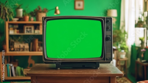 Vintage living room interior with old TV on green screen, wooden table, and eclectic decor elements