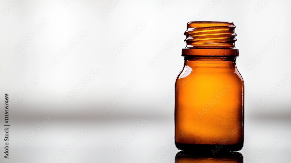 Empty amber glass bottle on reflective surface with soft background Empty amber glass bottle on reflective surface with soft background