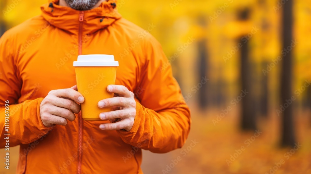 A Man in an Orange Jacket Holding a Yellow Coffee Cup Surrounded by Autumn Foliage in a Park with Beautiful Fall Colors and Trees A Man in an Orange Jacket Holding a Yellow Coffee Cup Surrounded by Autumn Foliage in a Park with Beautiful Fall Colors and Trees