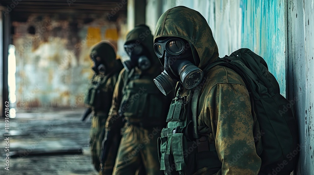 Soldiers in gas masks stand in a ruined building Soldiers in gas masks stand in a ruined building