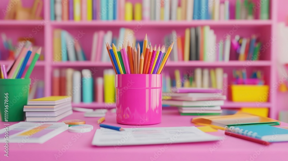 Fototapeta premium Bright and Colorful Study Space Featuring a Pink Container Filled with Pencils Surrounded by Office Supplies and Books on a Vibrant Pink Background