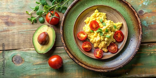 Wallpaper Mural A rustic wooden table setting featuring a plate of scrambled eggs with a vibrant garnish of fresh cherry tomatoes and delicate greens, accompanied by a halved avocado and additional tomatoes. Torontodigital.ca