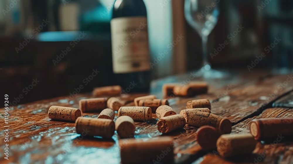 Scattered wine corks on rustic wooden table with blurred bottle and glass in background. Scattered wine corks on rustic wooden table with blurred bottle and glass in background.