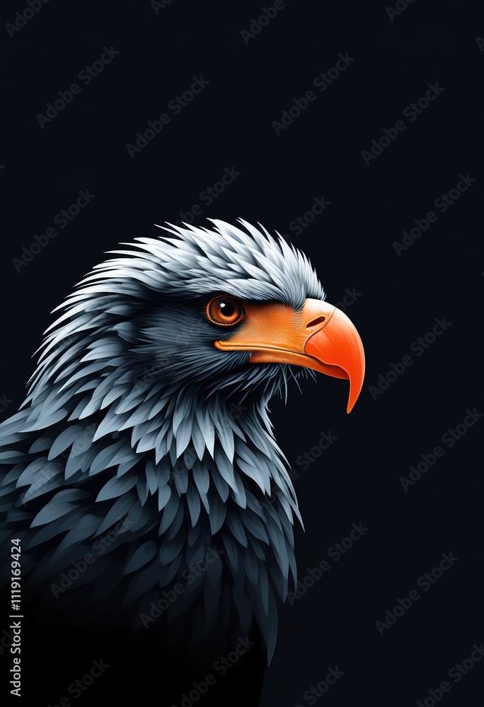 Closeup profile of a stylized eagle, dark blue grey feathers, orange beak, intense gaze. Dark background enhances dramatic effect. Digitally rendered. Closeup profile of a stylized eagle, dark blue grey feathers, orange beak, intense gaze. Dark background enhances dramatic effect. Digitally rendered.