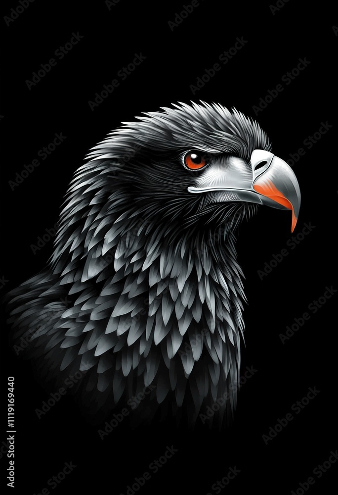 Closeup profile of a stylized eagle, dark blue grey feathers, orange beak, intense gaze. Dark background enhances dramatic effect. Digitally rendered. Closeup profile of a stylized eagle, dark blue grey feathers, orange beak, intense gaze. Dark background enhances dramatic effect. Digitally rendered.