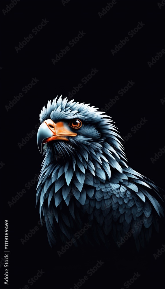 Closeup profile of a stylized eagle, dark blue grey feathers, orange beak, intense gaze. Dark background enhances dramatic effect. Digitally rendered. Closeup profile of a stylized eagle, dark blue grey feathers, orange beak, intense gaze. Dark background enhances dramatic effect. Digitally rendered.
