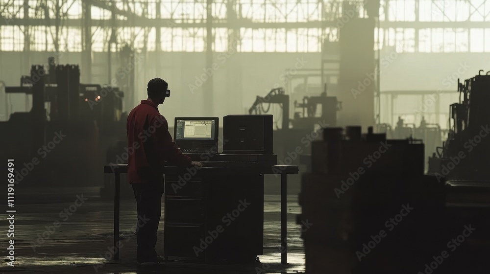 Factory worker monitors machinery via computer. Image depicts industrial automation and control. Factory worker monitors machinery via computer. Image depicts industrial automation and control.
