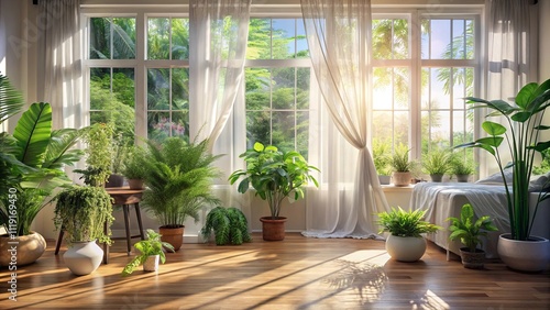 Sunlight Streaming Through Sheer Curtains Illuminates a Room Filled with Greenery, Creating a Tranquil and Serene Atmosphere