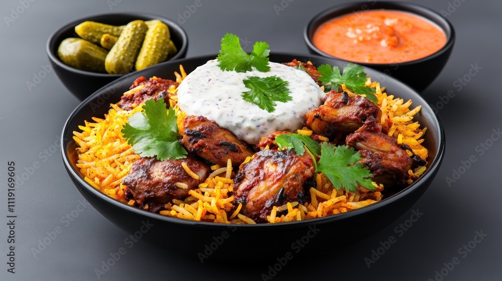 A delicious plate of biryani with chicken, yogurt, and pickles. A delicious plate of biryani with chicken, yogurt, and pickles.